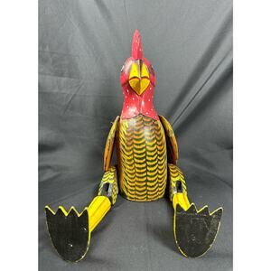 Carved Wood Folk Art Rustic Red & Yellow Painted Jointed Shelf Sitter Rooster